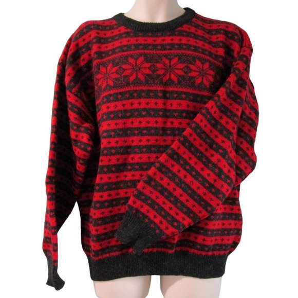 Bouviac Norway Fair Isle Oversize Unisex Sweater Medium EUC Wool Red Charcoal - Picture 2 of 16